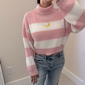 Pink and White Crop Turtleneck Sweater